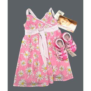 Girls Pink Daisy Dress With Polka Dot Accents 3T & Sandals Size 4 NWT JJ4169